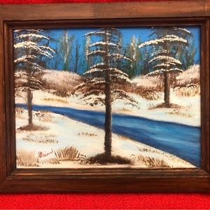 Winter Landscape Painting with Brown Frame